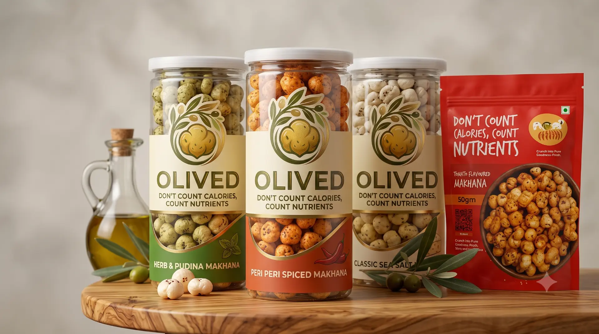 Olived premium makhana jars in herb & pudina, peri peri and classic sea salt flavours